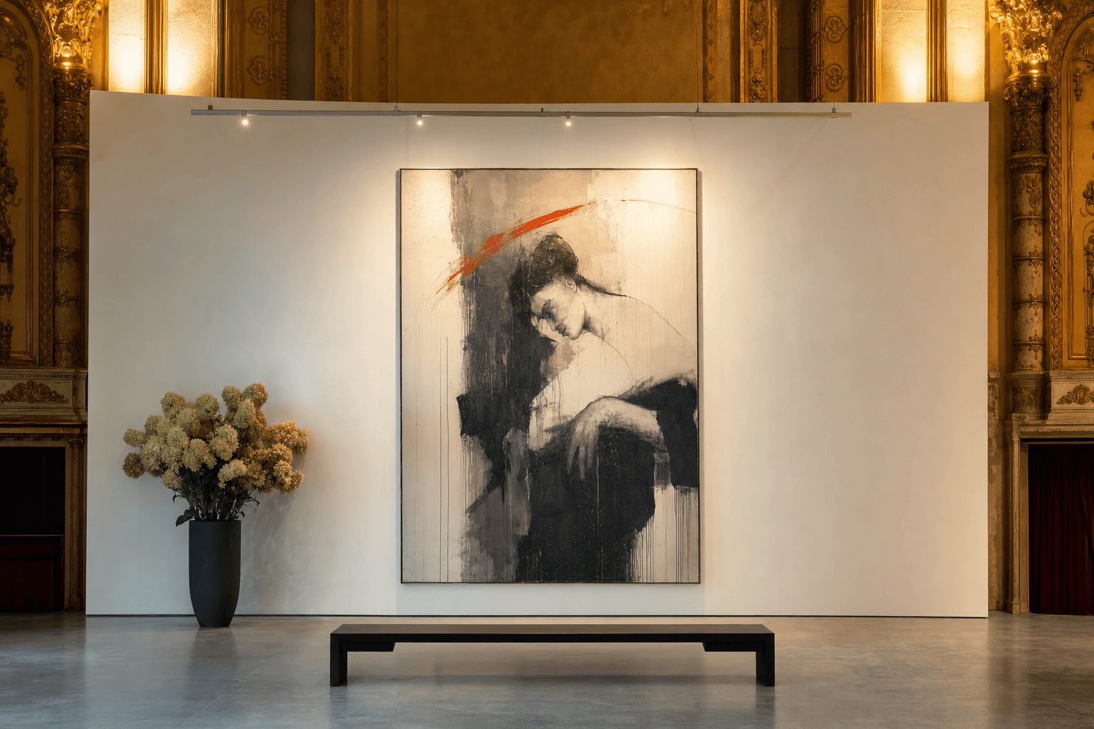 A single contemporary painting hung on a museum-quality white gallery wall installed inside the historic gilded interior of the Coliseum Theatre