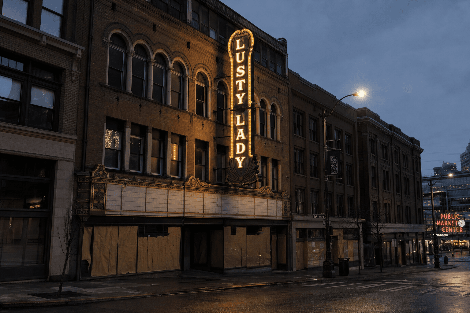 The historic Lusty Lady building marquee glowing at dusk on 1st Avenue, Seattle, with Public Market Center signage visible in the distance